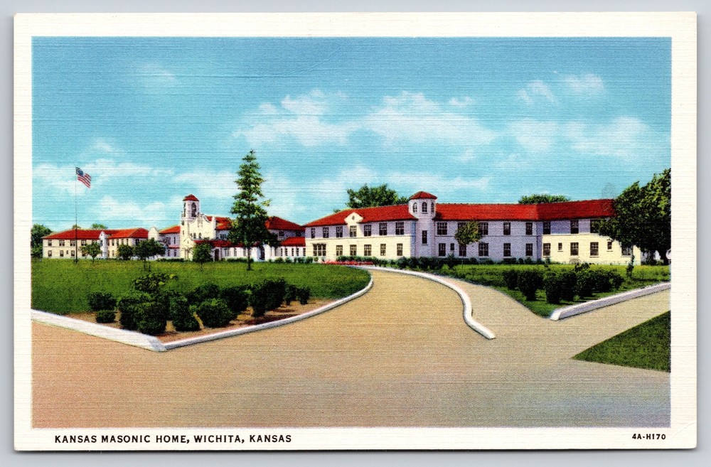 Wichita Kansas~Front of Masonic Home~Vintage Linen Postcard