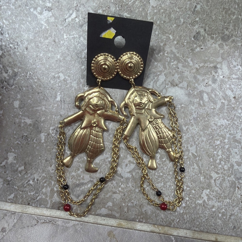 Vintage Dangly Clown Earrings Gold Tone