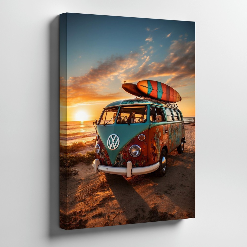 Vintage Surfboard Van Beach Sunset Canvas Wall Art For Coastal Wall Decor Print
