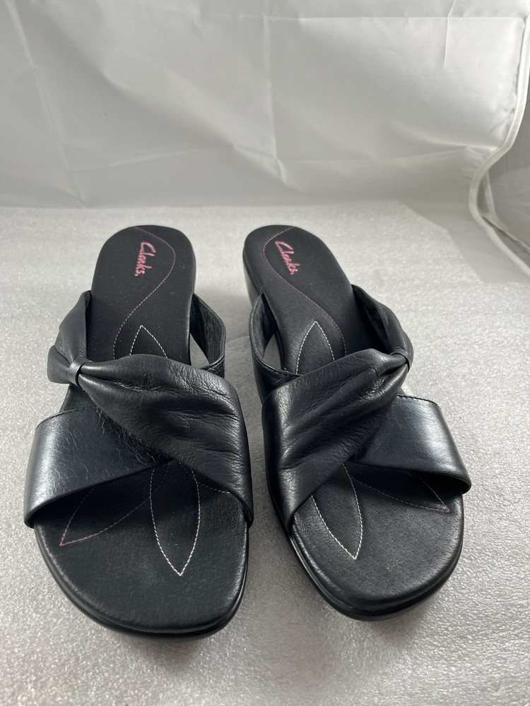 CLARKS Black Leather Slip On Slides Sandals Shoes Women's Size 9