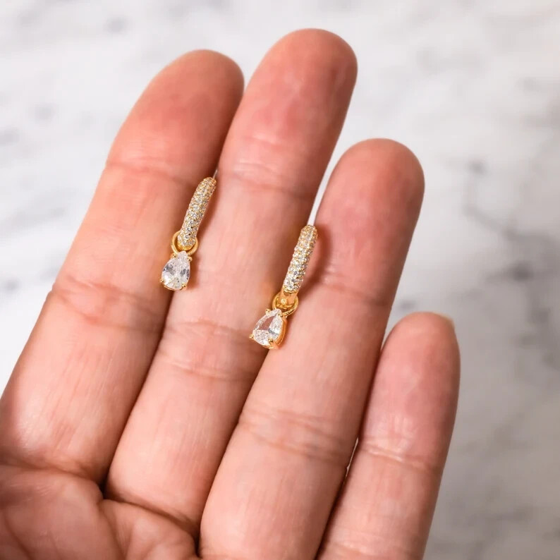 3Ct Pear Simulated Diamond Hoop Earrings in 14k Yellow Gold Plated Teardrop Design for Women