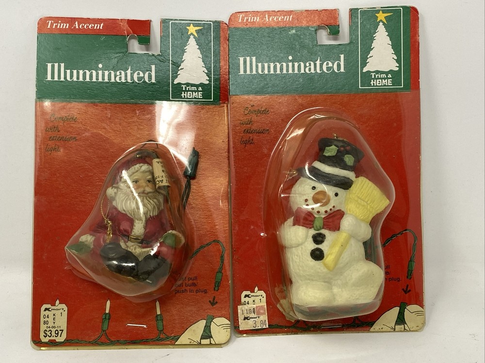 2 Vintage Trim Accent Porcelain Christmas Ornaments Light Up Santa & Snowman-image