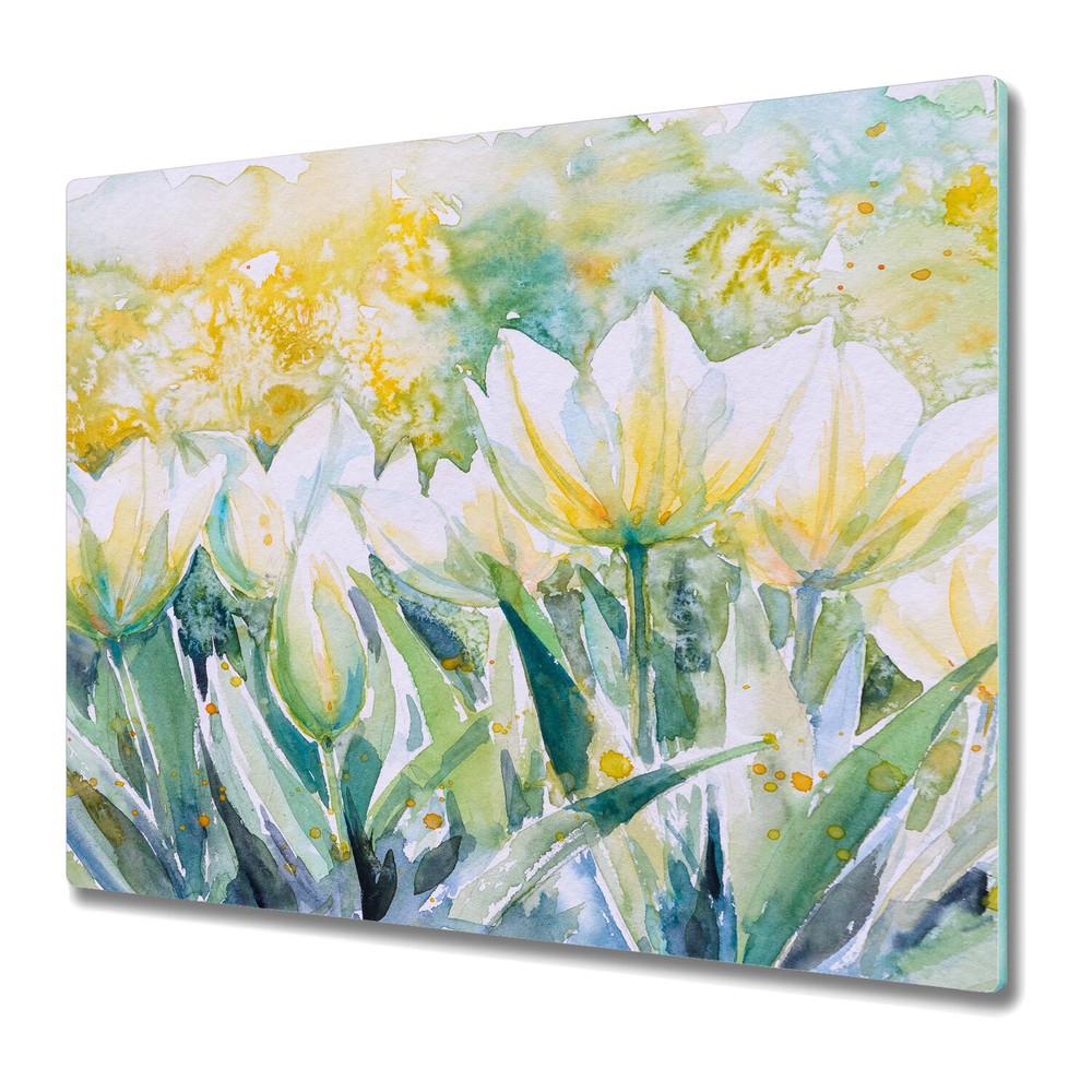 Glass Worktop protector Painting of White Tulips In Sunny Garden 60x52