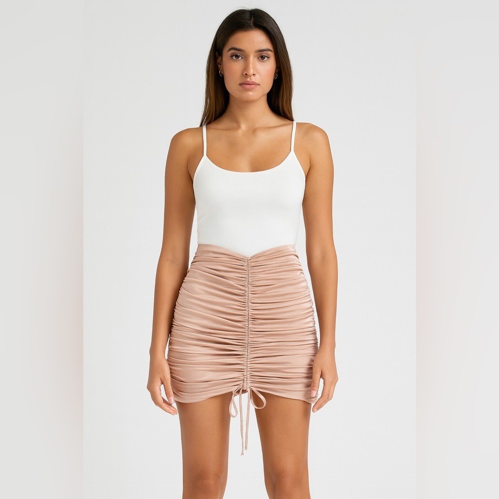 Michael Costello x REVOLVE Champagne Ruched Satin Mini Skirt Size XL