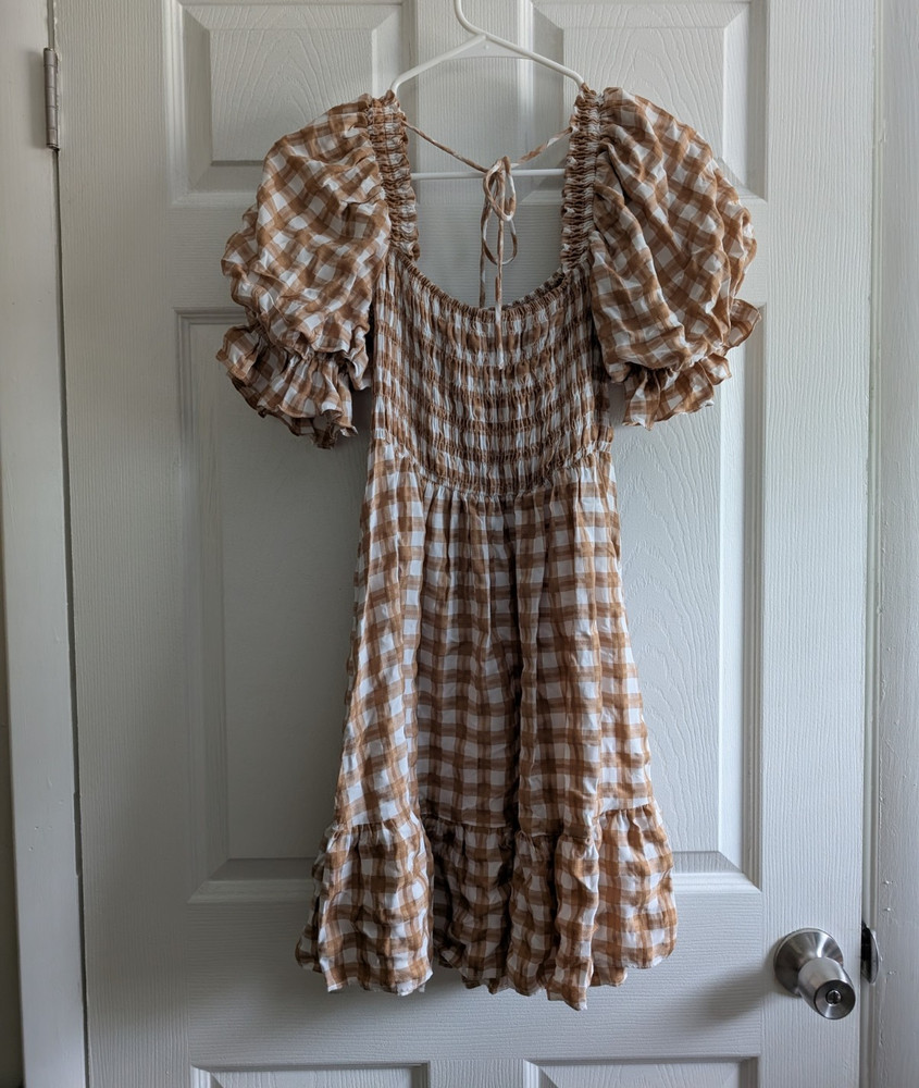 Princess Polly Gingham Smocked Puff Sleeve Mini Dress Brown/White