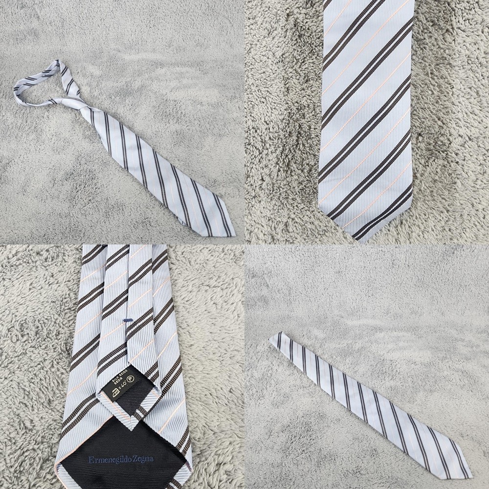Ermenegildo Zegna Tie Mens Silk Blue Brown Peach Striped Necktie Made in Italy