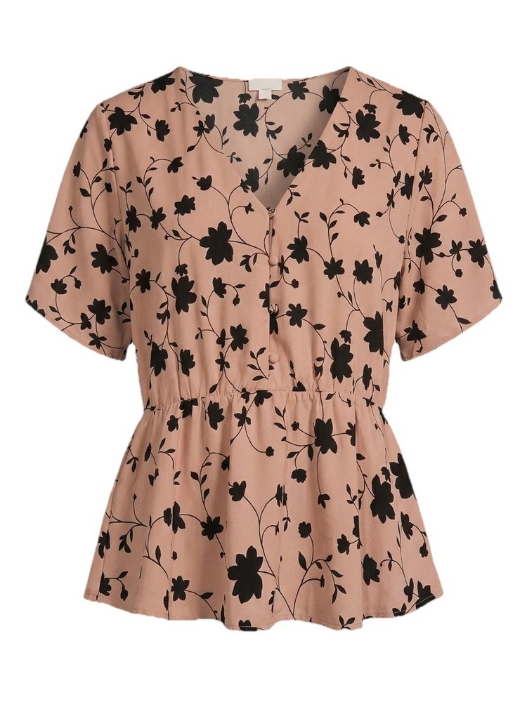 Sienna Sky Women’s Large Peplum Blouse Tan Black Floral V-Neck Button Front Top