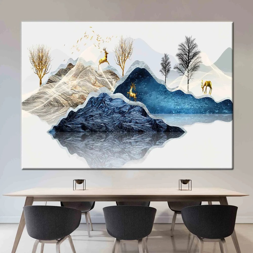 Gold Deer Abstract Forest Mountain Painting Wall Art Canvas Unframed Print Art-image