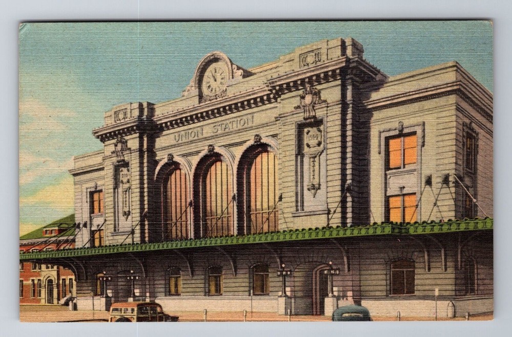 Denver CO-Colorado, Union Station, Building Clock, Antique Vintage Postcard