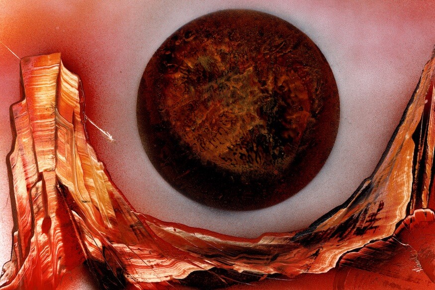 Original Space Art in Orange with Large Planet Looming signed by Jason Girard.