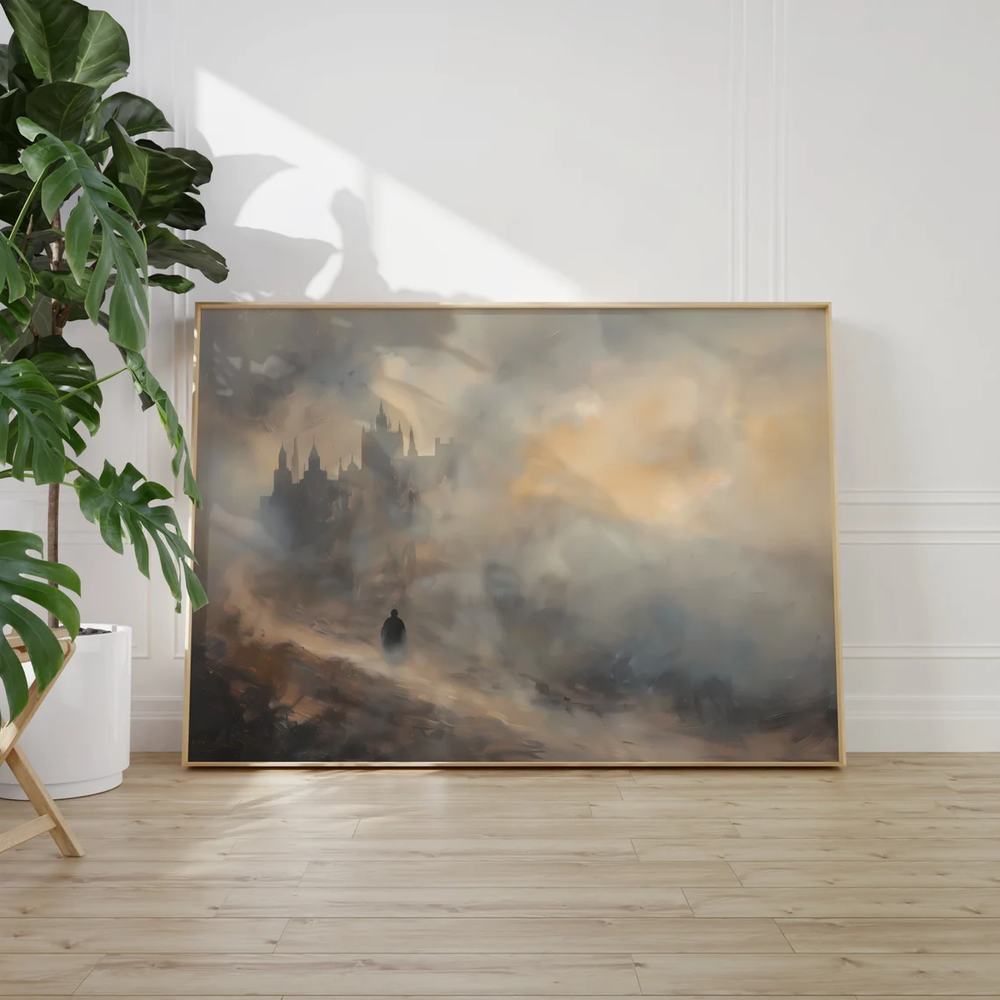 A Man Walking to The Castle in Fog Paint Poster Premium Quality Choose your Size