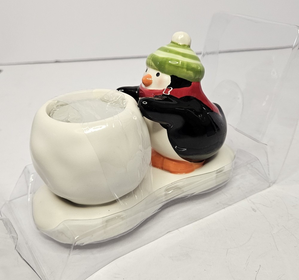 Hallmark Ceramic Penguin & Snowball Tea Light Candle Holder NIB