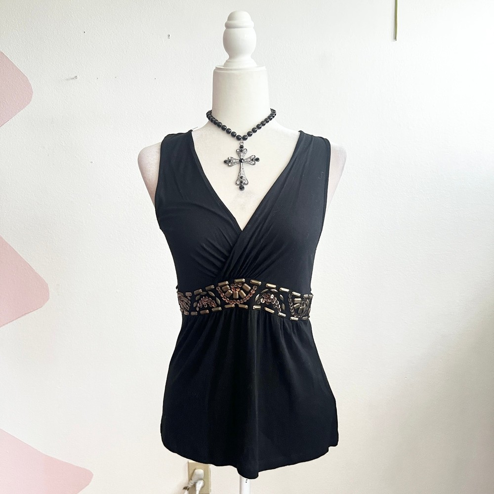 Vintage Beaded Babydoll Top Y2K 2000s Boho Festival Glam Mc Bling Small