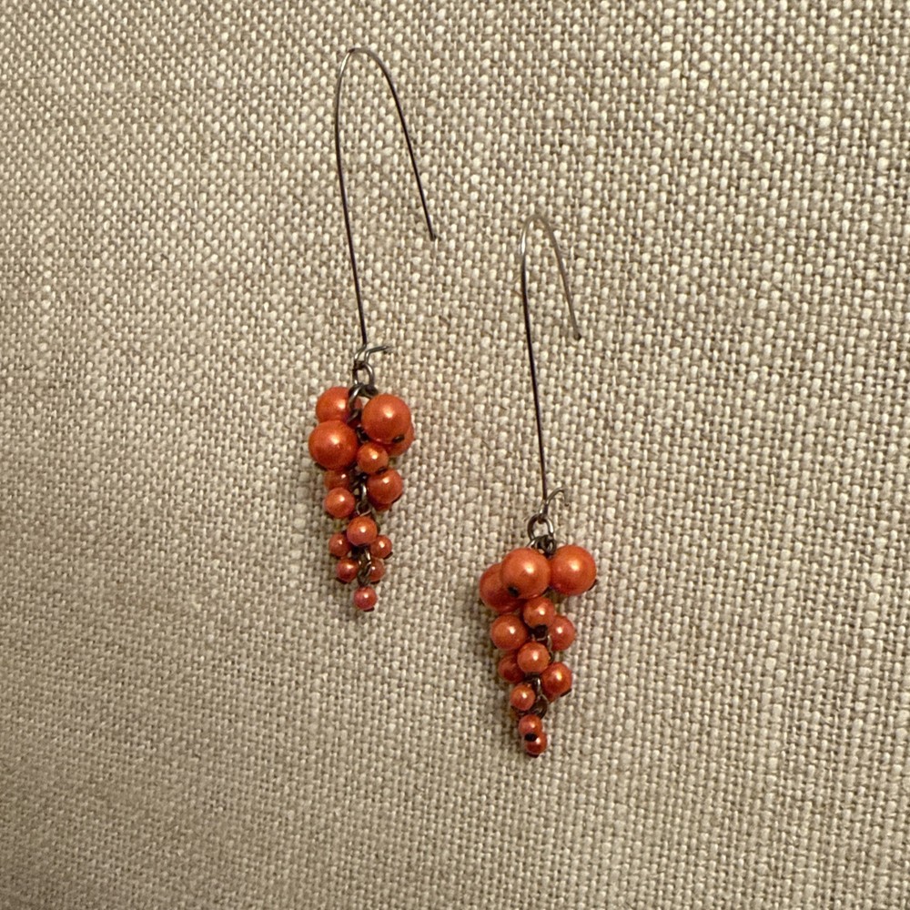 Vintage long dangle earrings Orange Metallic Lucite grape cluster Gold Tone