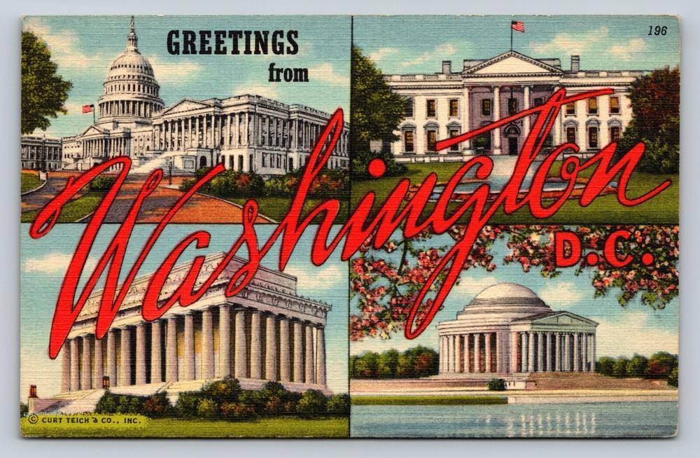 Greetings Washington D.C. White Marble Buildings US Flag VINTAGE Postcard