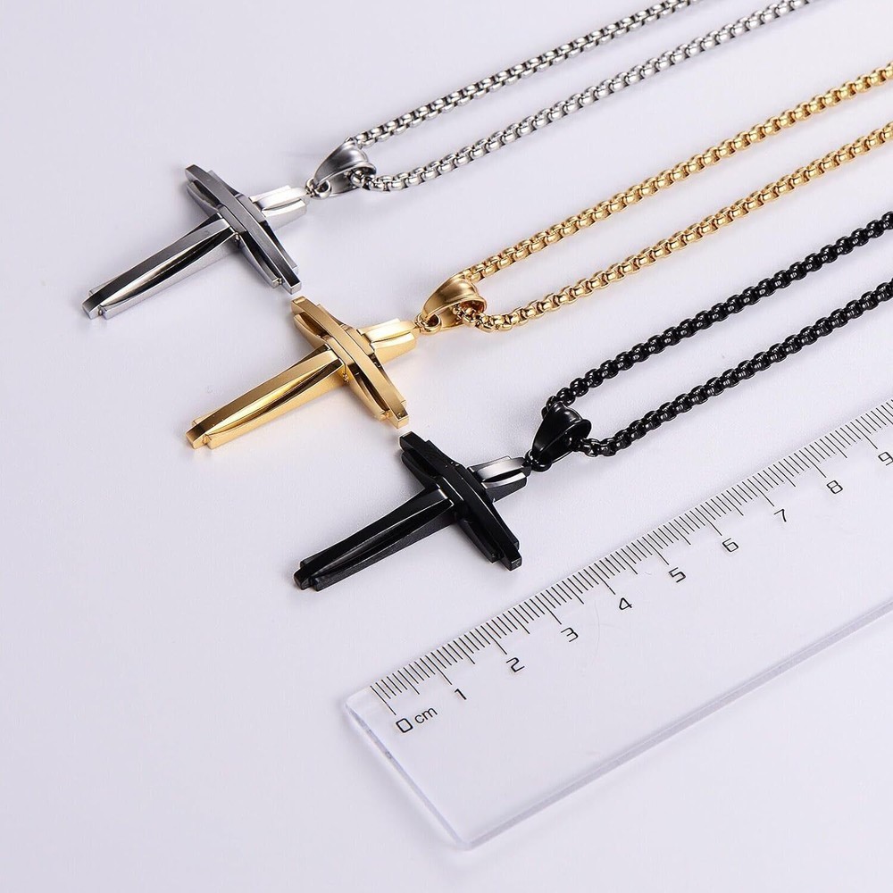 Men's Stainless Steel Cross Pendant Necklace in Silver, Gold, Black – 24 Inch