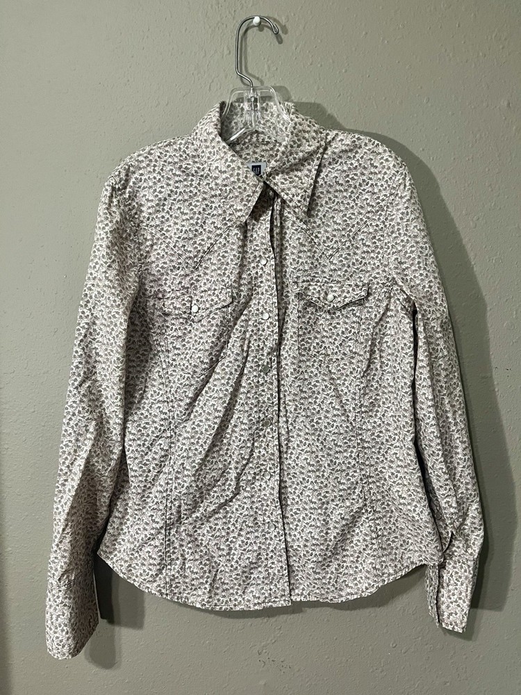 Gap Women's Western Style Shirt Floral Pattern, Pearl Snap, Long Sleeve, Size M