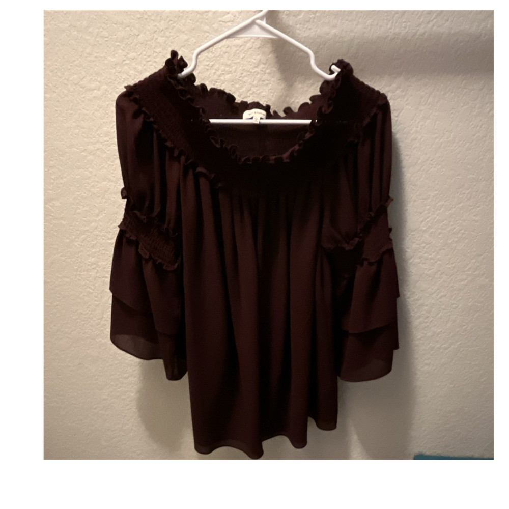 Max Studio Off-the-Shoulder Ruffle Smocked Tunic Blouse Brown Size L