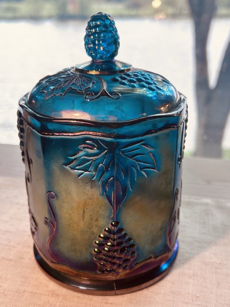 Vtg Indiana Carnival Glass Blue Iridescent Grape Harvest Canister Jar with Lid