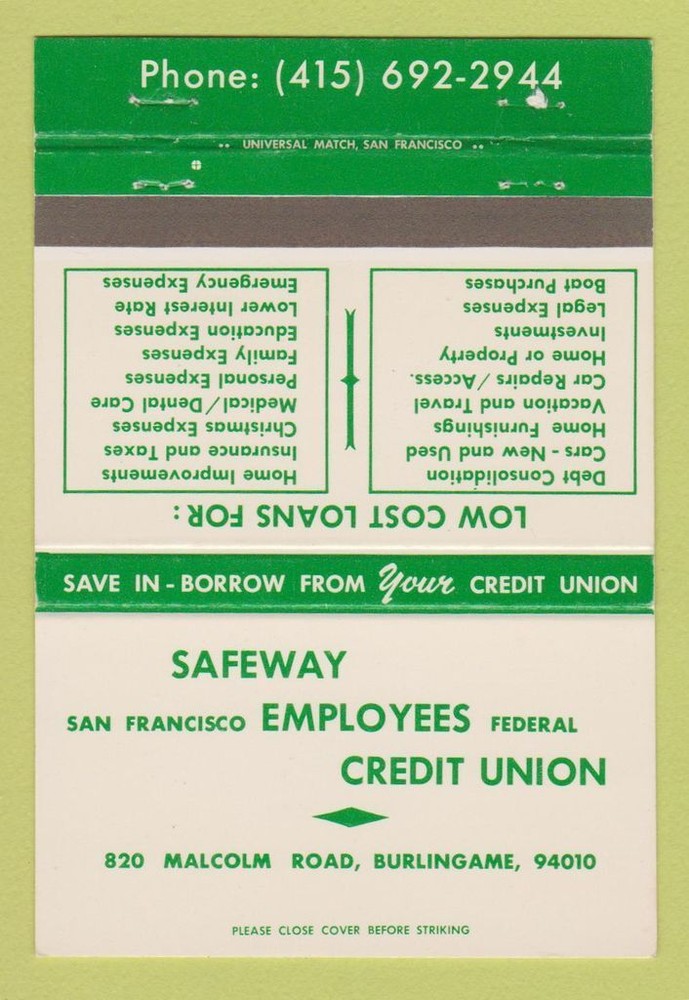 Matchbook Cover - Safeway Employees Credit Union San Francisco CA 40 Strike