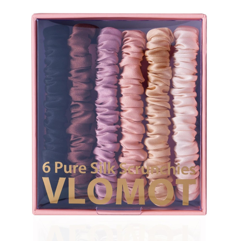 VLOMOT 6-Piece Pure Mulberry Silk Scrunchies & Ties Set in 6 Colors