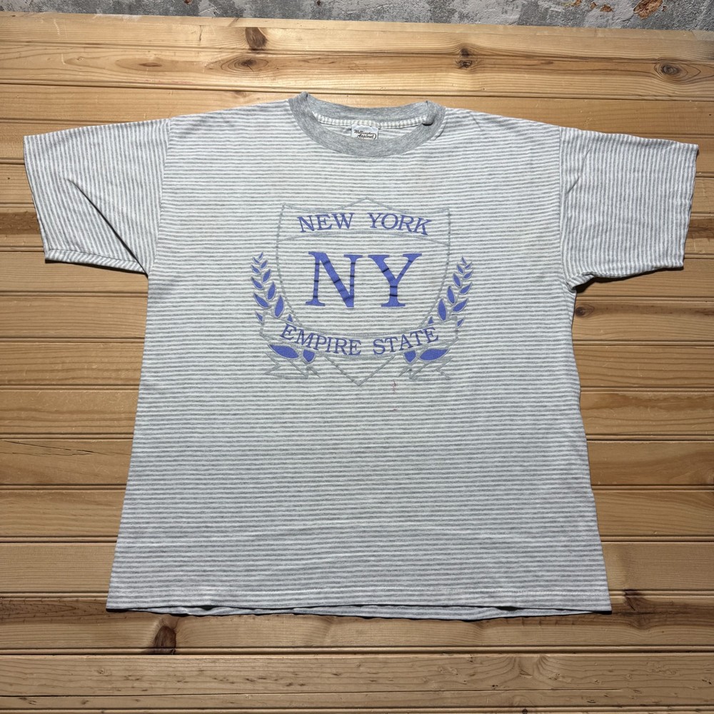 Vintage 90s New York City Empire State Graphic Striped Souvenir T-Shirt - L/XL