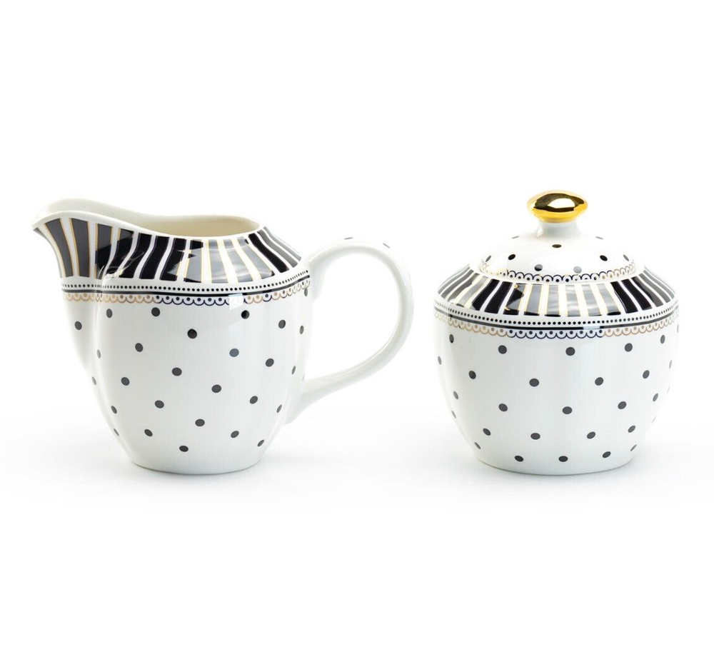 Grace Teaware Black Josephine Stripes and Dots Porcelain Sugar & Creamer Set