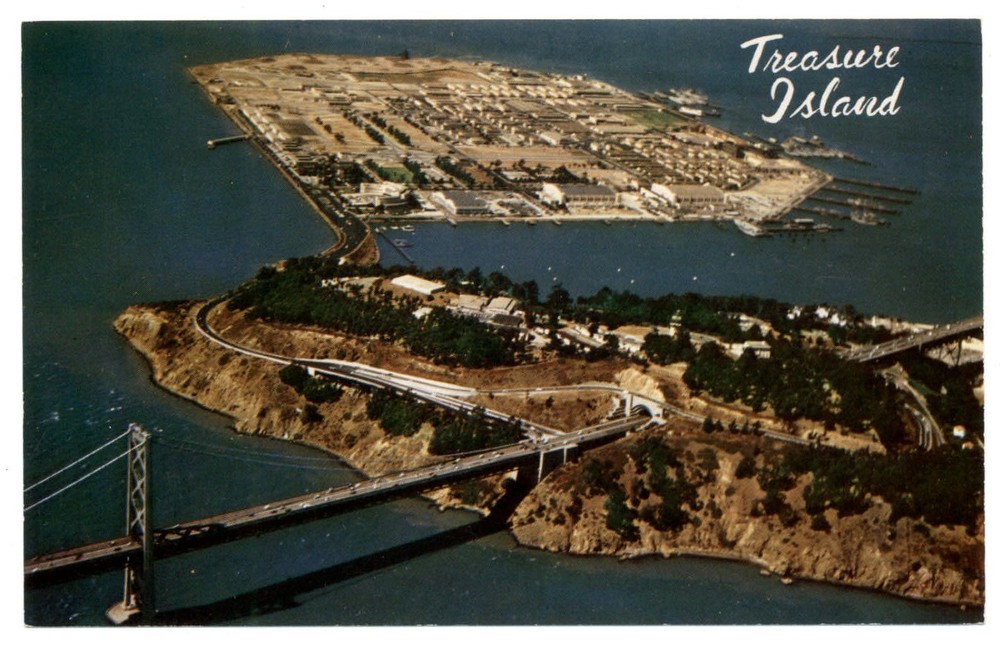 San Francisco California Treasure Island Bay Bridge aerial vintage postcard