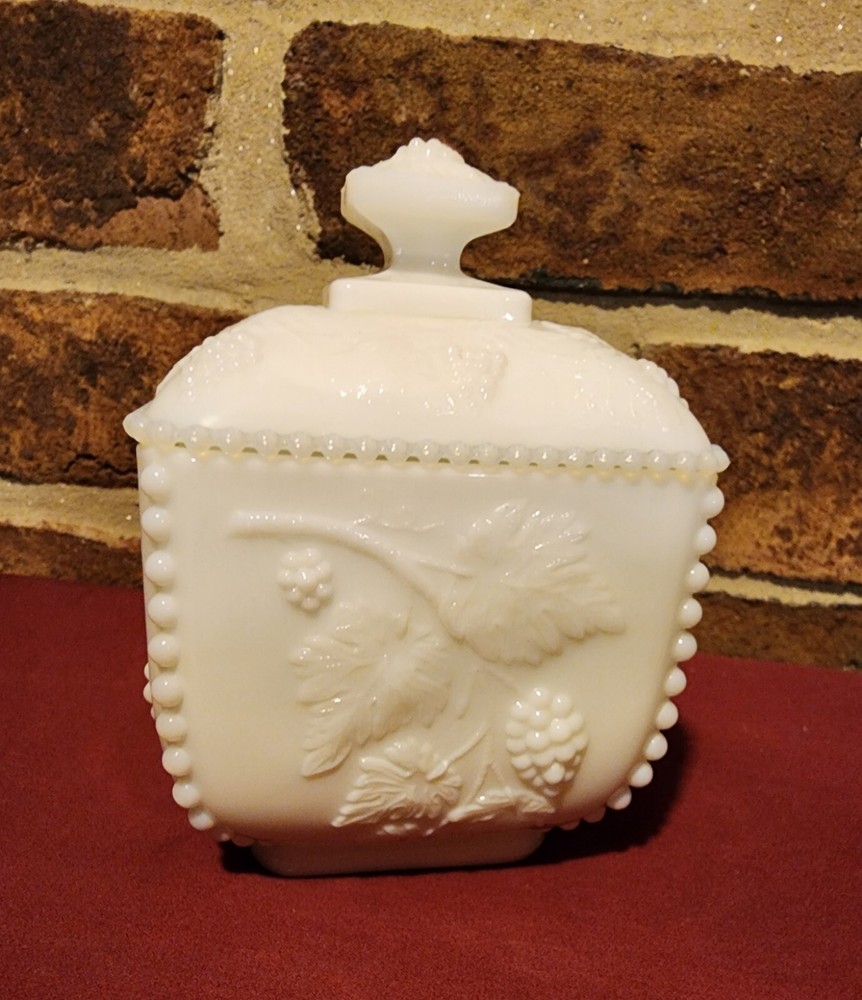 Vintage WESTMORELAND White Milk Glass Candy Dish with Lid - Grape Vine Pattern