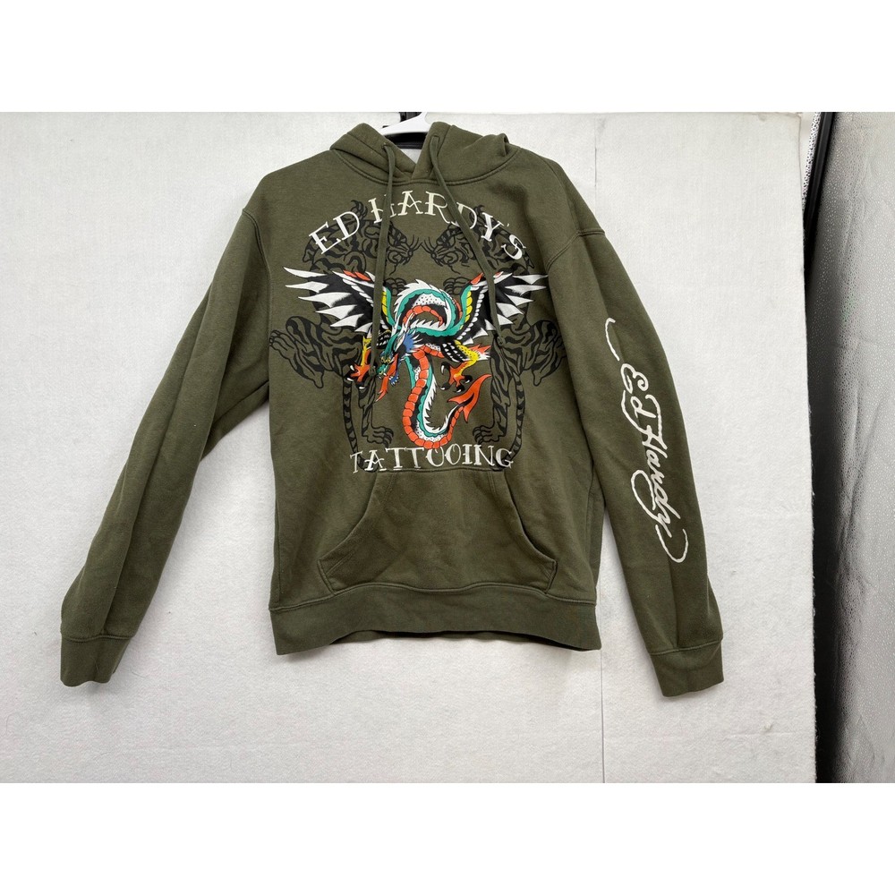 Ed Hardy Womens Green Dragon Tattoo Graphic Hoodie Sweatshirt