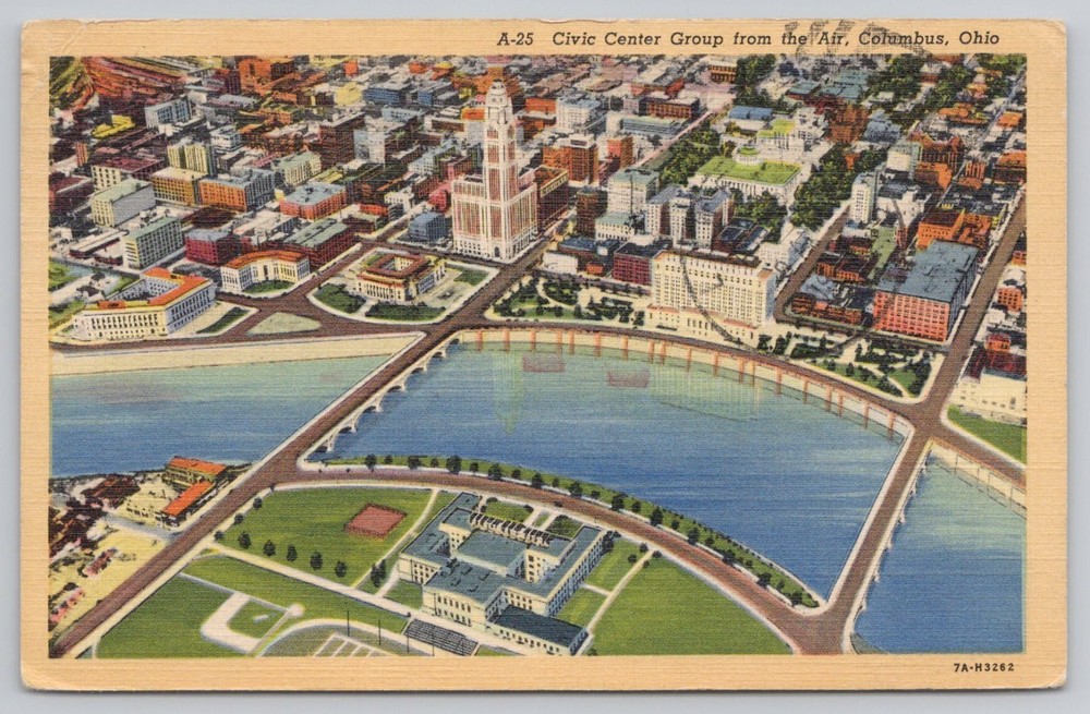 Civic Center Group from the Air, Columbus, Ohio OH 1944 linen Postcard
