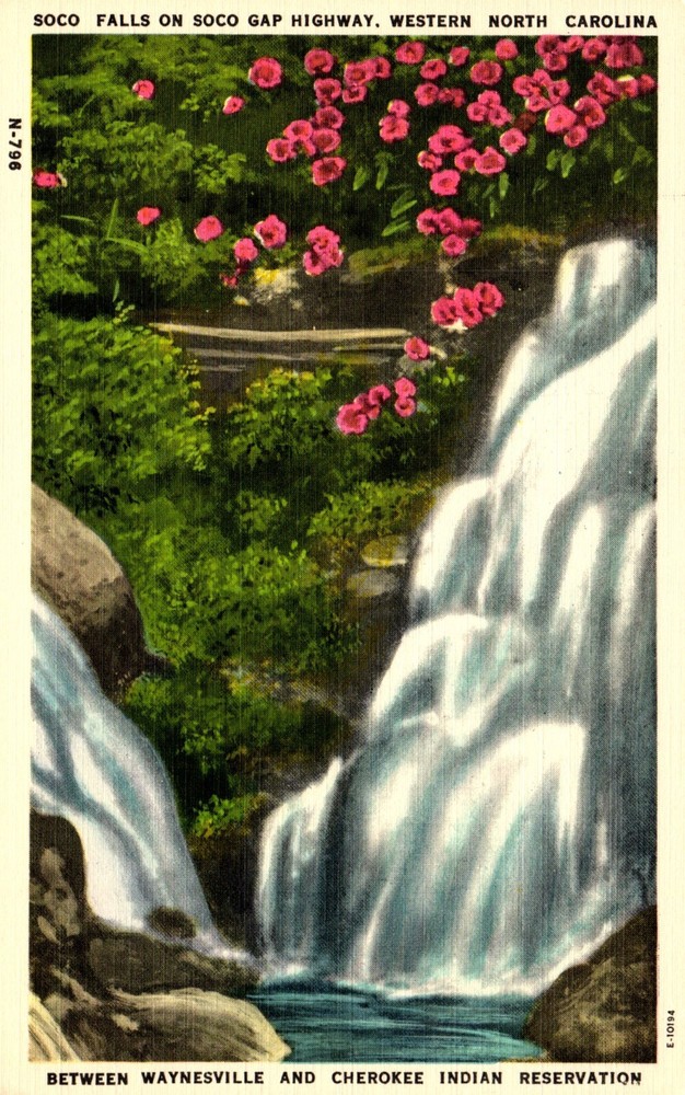 Postcard Soco Falls and Soco gap Highway western North Carolina