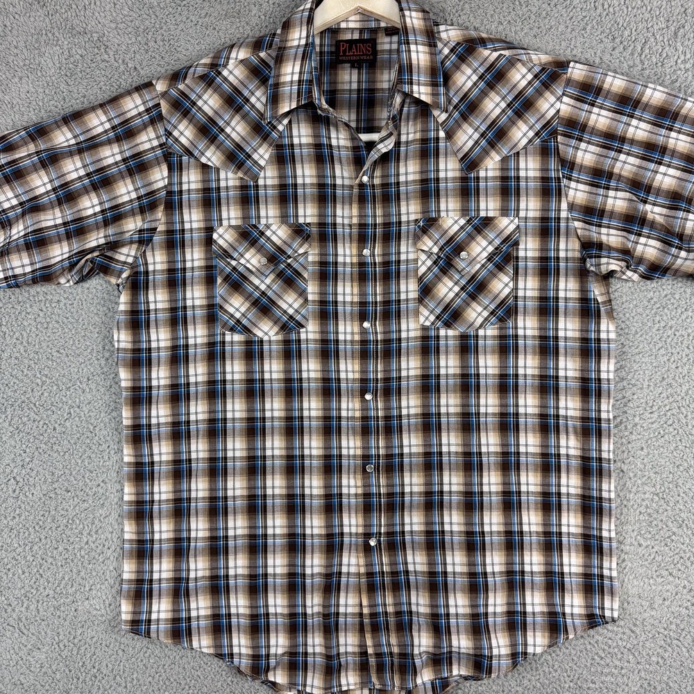 Plains Western Wear Shirt Mens Large Brown Plaid Pearl Snap Cowboy Short Sleeve