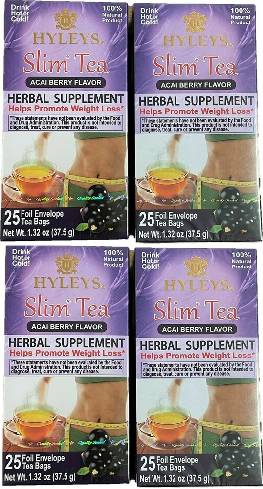 Four (4) packs Hyleys Slim Tea NO GMO Acai Berry 100% Natural 25 tea bags/ea-image