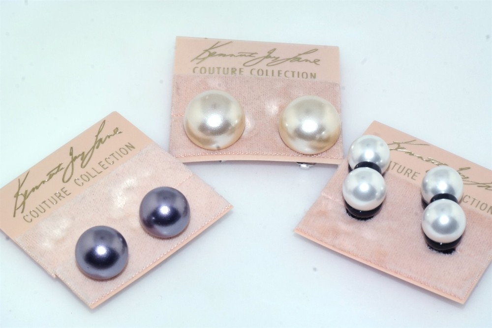 3 pair Vtg Kenneth Jay Lane Couture Faux Pearl Clip Earrings New Gray Cream Mabe