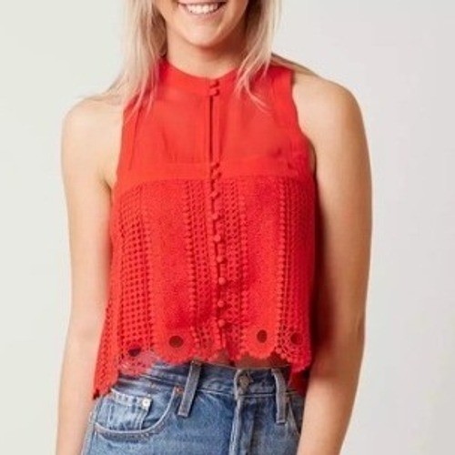 Free People Red Sleeveless Crochet Lace Crop Top High Neck Button Front Small