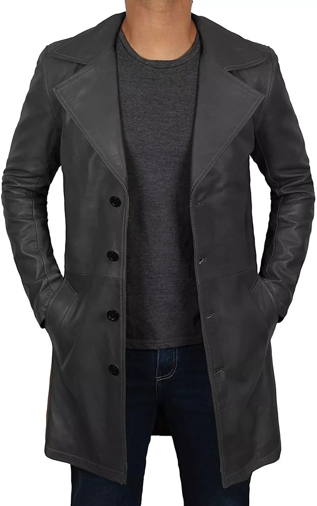 Men's 100% Real Lambskin Black Leather Trench Coat Winter Jacket Designer Coat
