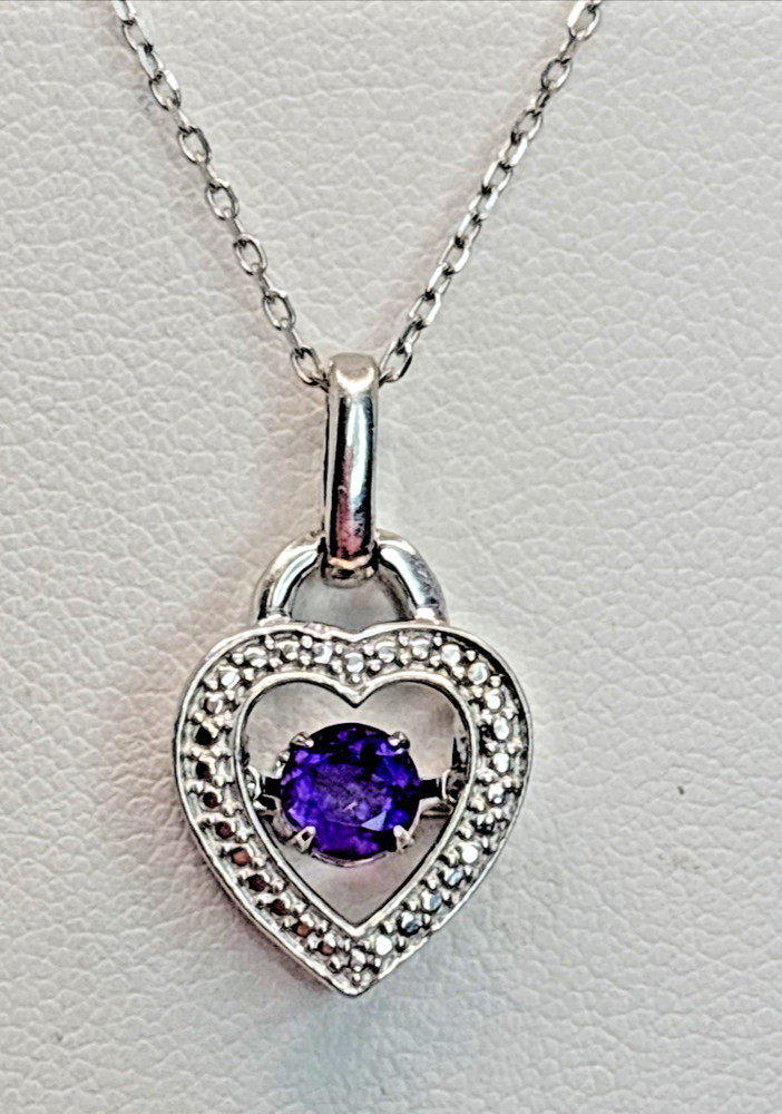 STUNNING Vintage .925 Sterling Silver Heart Pendant with Purple Stone & 16