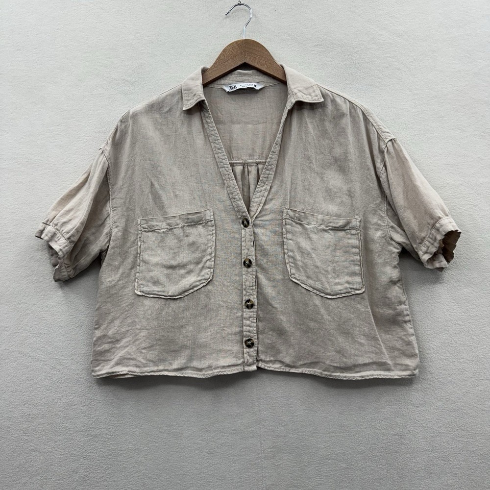 ZARA Women’s Small Linen Cropped Button Down Shirt Beige Short Sleeve