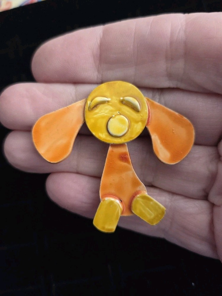 Vintage DOG Brooch Pin Signed ACCESSOCRAFT NYC Enamel Yellow Orange Well Made