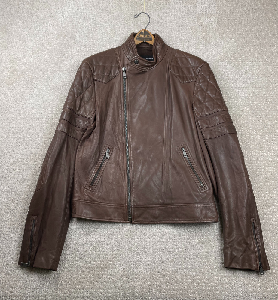 Ralph Lauren Black Label Leather Jacket L Moto Cafe Racer Brown Lambskin Italy
