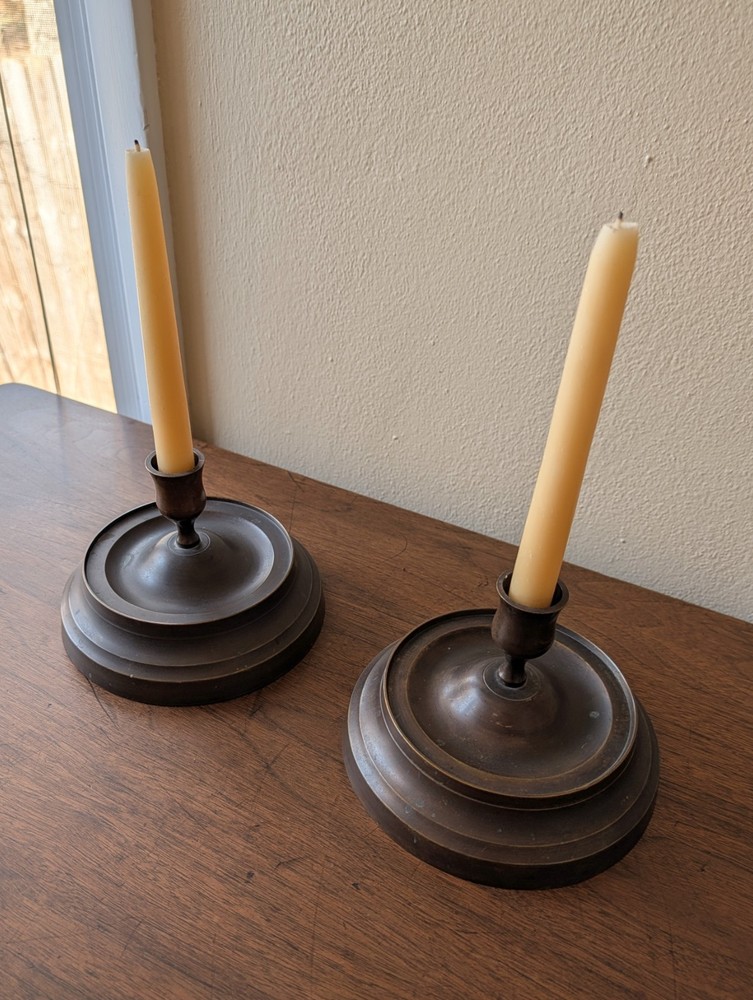 2 Antique Library Desk Candlestick Holders Authentic Brass /1800