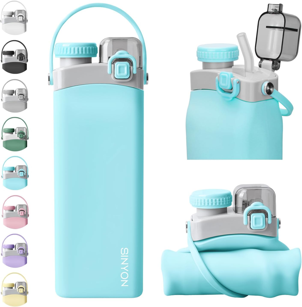 Collapsible Water Bottles, 20Oz Silicone Reusable Water Bottle with Straw and St