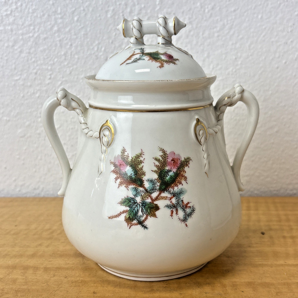 Antique HAVILAND & Co LIMOGES Signed MOSS ROSE Covered Sugar ROPE & ANCHOR