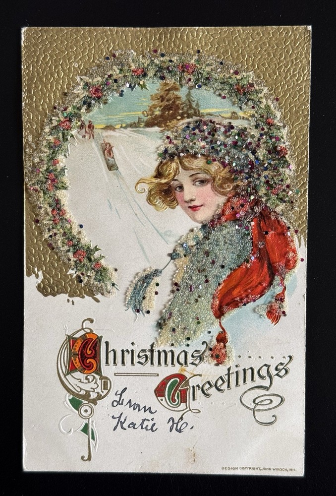 1911 Winsch Schmucker Christmas Postcard Beautiful Lady Toboggan Snow