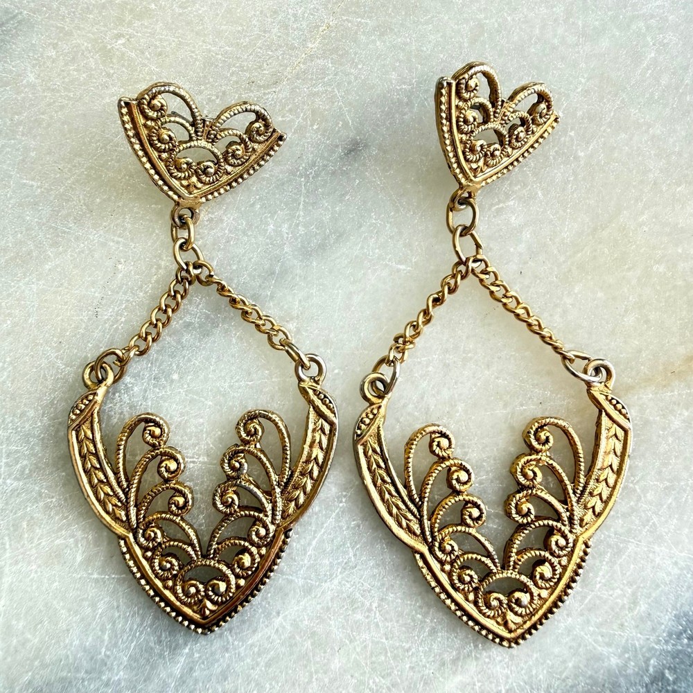Vintage Gold Tone Filigree Dangle Pierced Earrings Ornate Boho Statement