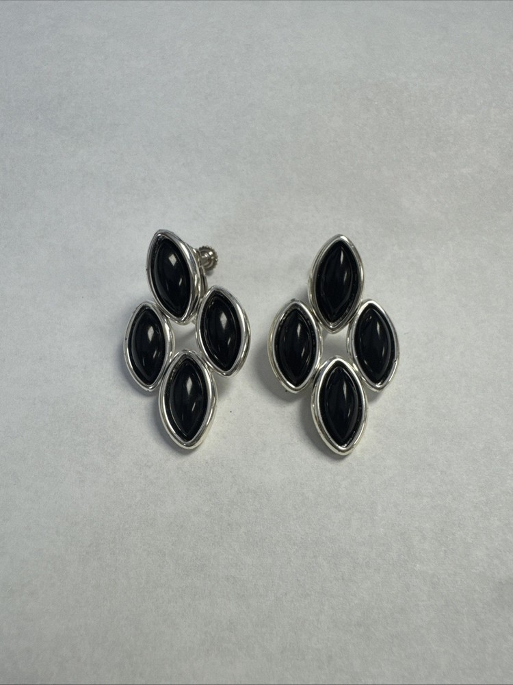 Vintage Napier Signed Silver Tone Black Acrylic Teardrop Dangle Earrings Clip On
