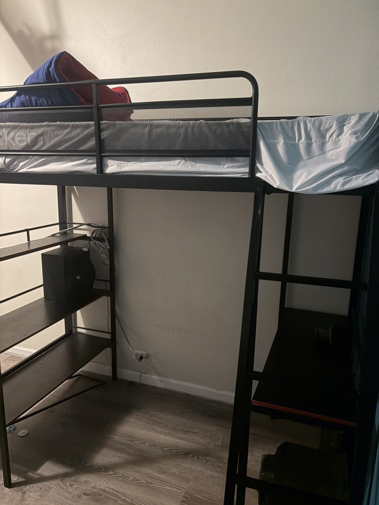 Black Metal Twin Loft Bed with Built-in Desk and Ladder for Kids or Teens