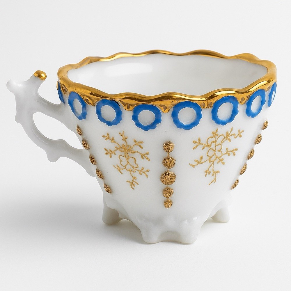 Antique Victorian Coralene Cup c1890 Enamel Cobalt Blue Porcelain Germany