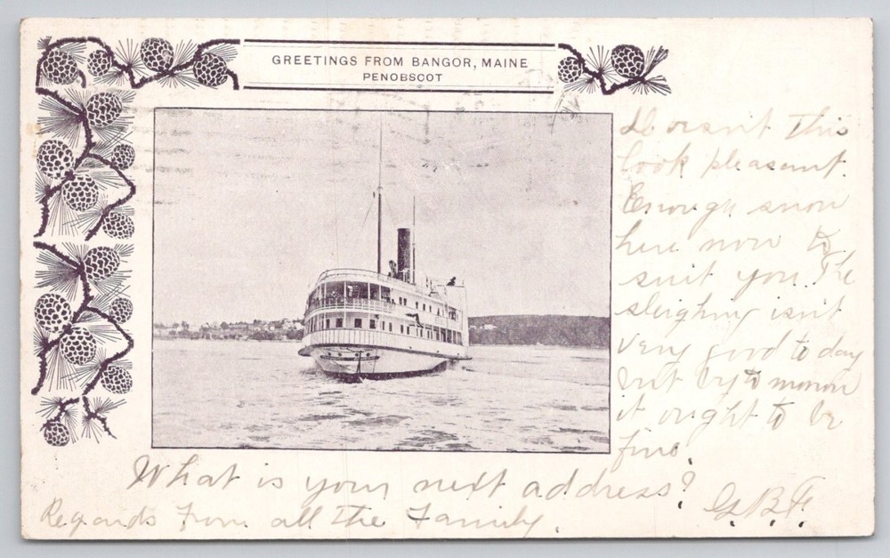 1908 Bangor Maine Steamboat Penobscot River Antique Postcard Posted